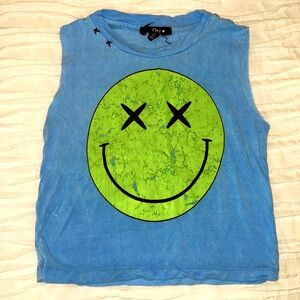 Flowers by Zoe girls size 5T distressed light blue tank with big smiley face.